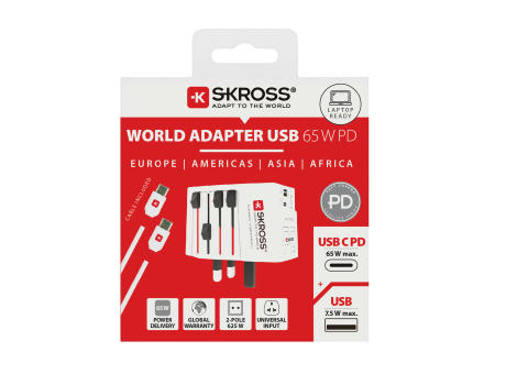SKROSS World Travel Adapter MUV 65W PD mit USB-C-Kabel Werbeartikel