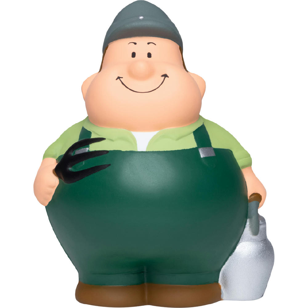Landwirt Bert im grünen Overall mit Mistgabel und Milchkanne – Anti-Stress-Figur als Werbeartikel für Agrarkunden