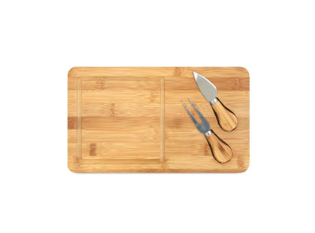 WOODS. Käsebrett aus Bambus mit 2 Utensilien aus Edelstahl Werbeartikel