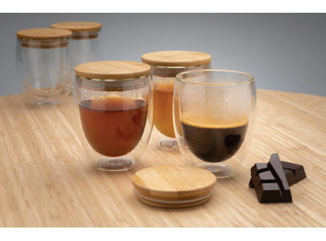 2-tlg Set Borosilikatgläser mit Bambusdeckel 250ml bedrucken