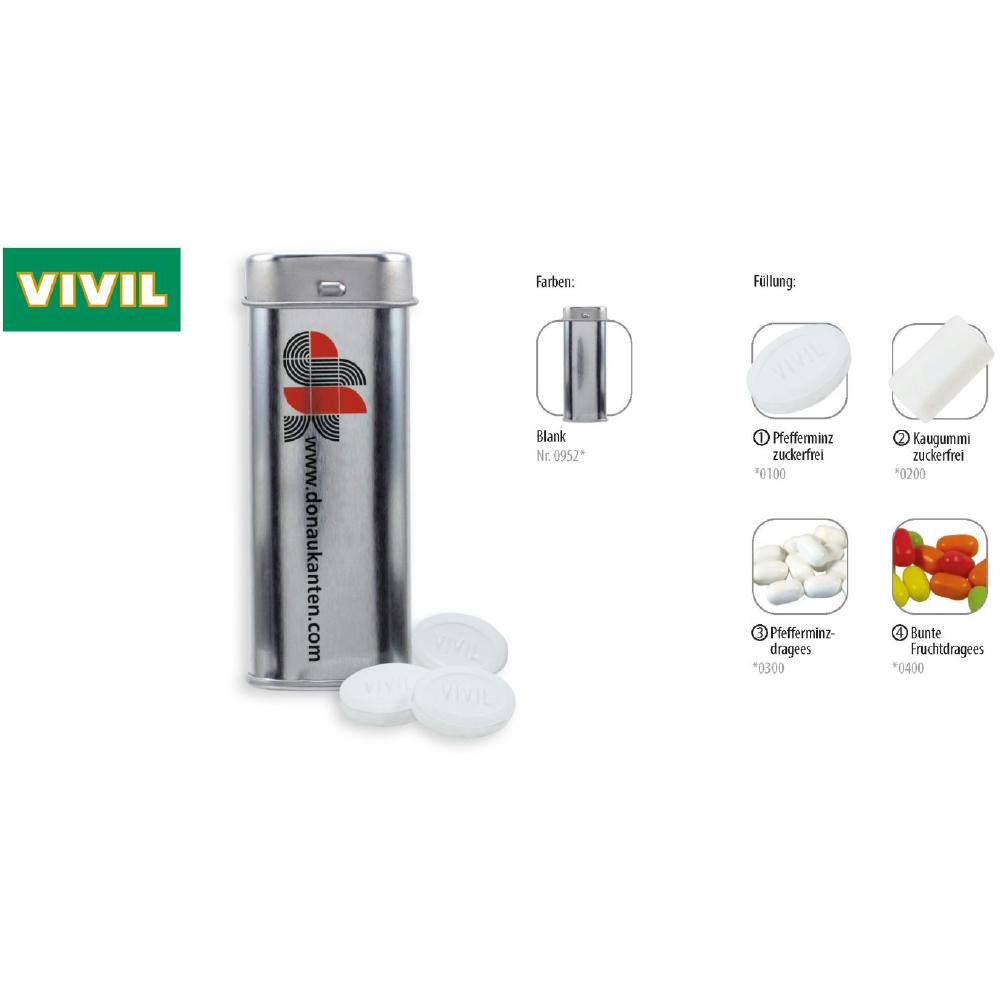 Pocket Box, blank 20 g, Inhalt: Kaugummi Dragees zuckerfrei (Dose) Werbeartikel