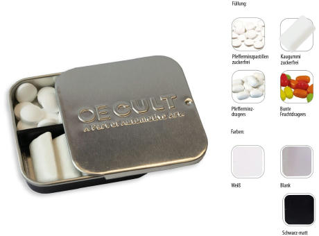 Product image Twin Tin geprägt, weiß individuell, Inhalt: Pfefferminz-Pastillen; zuckerfrei Werbeartikel