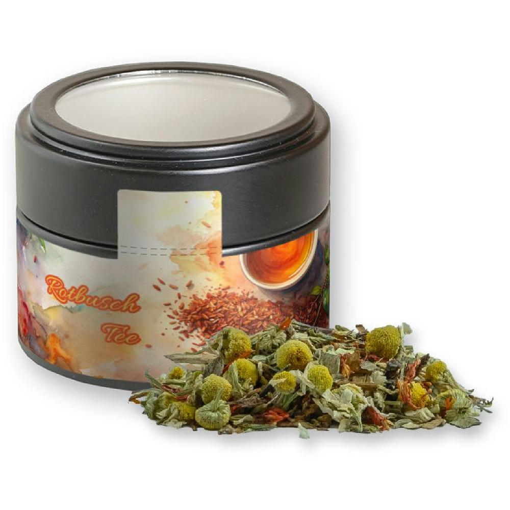 Product image Rotbuschtee Entspannungszeit, ca. 25g, Metalldose Mini mit Sichtfenster schwarz Werbeartikel