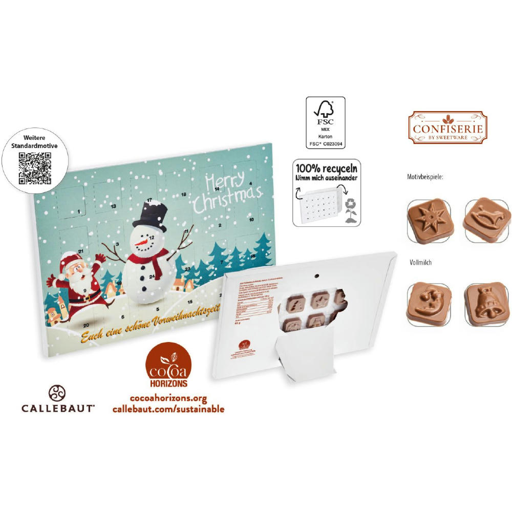 Product image Tisch Adventskalender Standardmotiv, 60 g, Inhalt: Callebaut Vollmilch Schokolade Kalender Werbeartikel