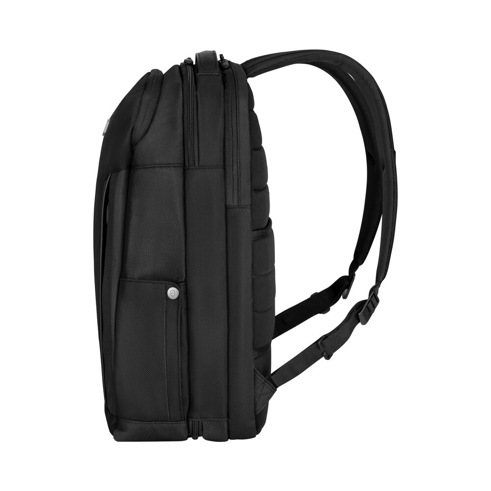 Victorinox Altmont Professional Deluxe Travel Laptop Backpack Seitenansicht, ergonomischer Reiserucksack mit funktionalen Seitentaschen und schlankem Profil, ideal als Werbeartikel mit Logo für Business und Reisen.