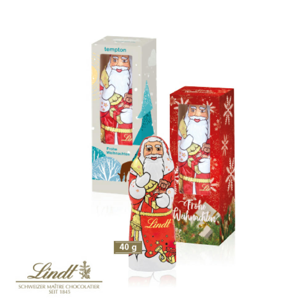 Product image Lindt Schoko-Weihnachtsmann 40g in individuell bedruckbarer Werbekartonage mit Sichtfenster und Logo