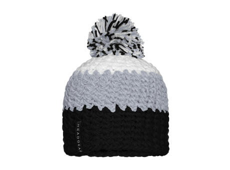 Product image Crocheted Cap with Pompon - Angesagte 3-farbige Häkelmütze mit Pompon Werbeartikel