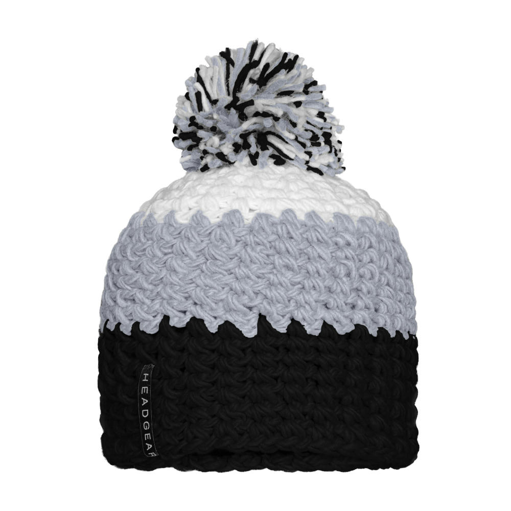 Product image Crocheted Cap with Pompon - Angesagte 3-farbige Häkelmütze mit Pompon Werbeartikel