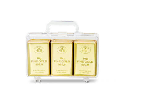 Geschenkartikel / Präsentartikel: Goldkoffer mit 12 Goldbarren, Edelvollmilch-Schokolade (120 g) Werbeartikel