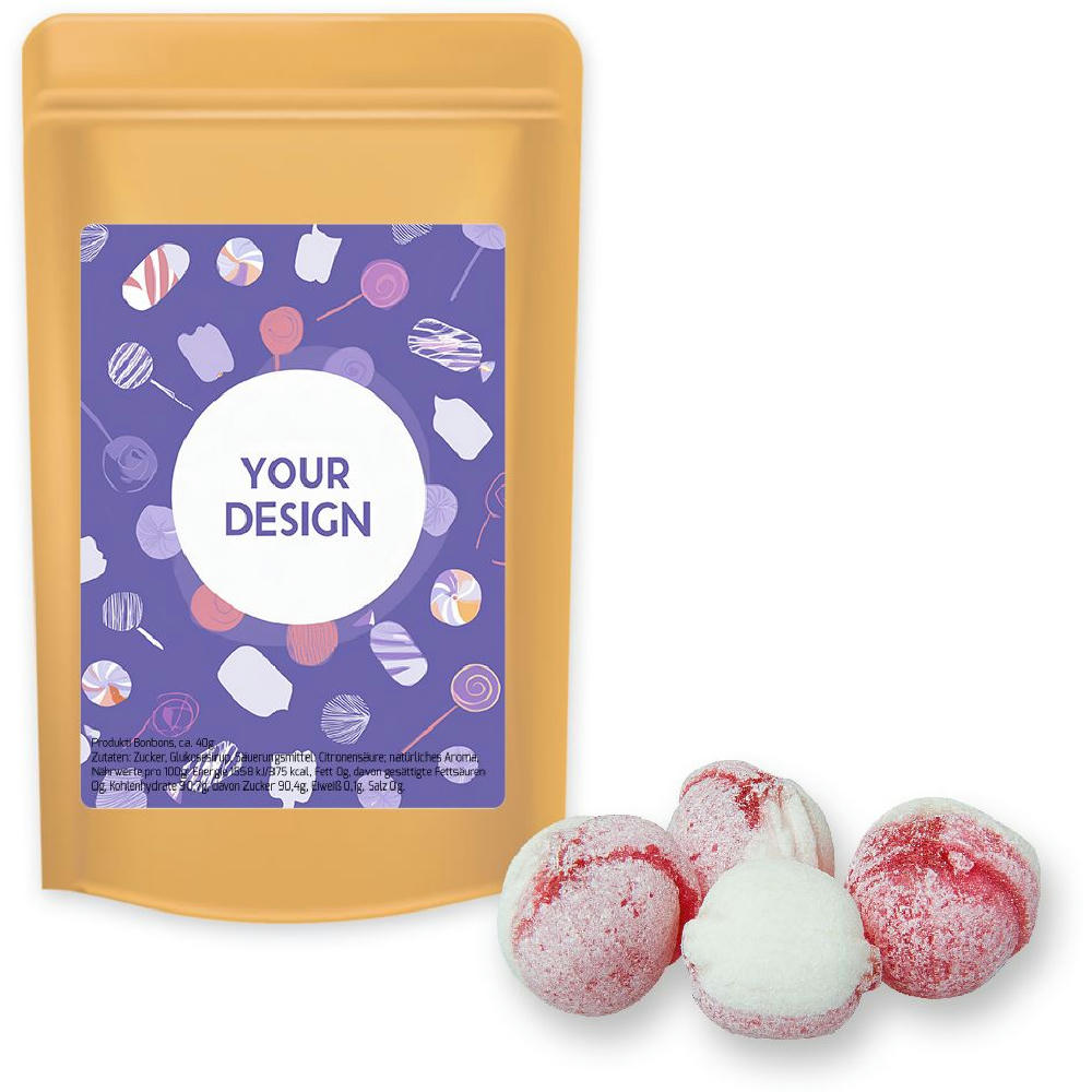 Product image Erdbeer-Joghurt Bonbons, ca. 80g, Standbeutel Midi Werbeartikel