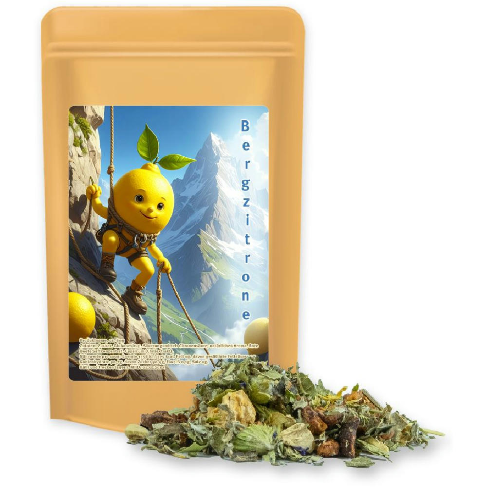 Kräutertee Bergtee & Zitrus, ca. 35g, Standbeutel Midi Werbeartikel