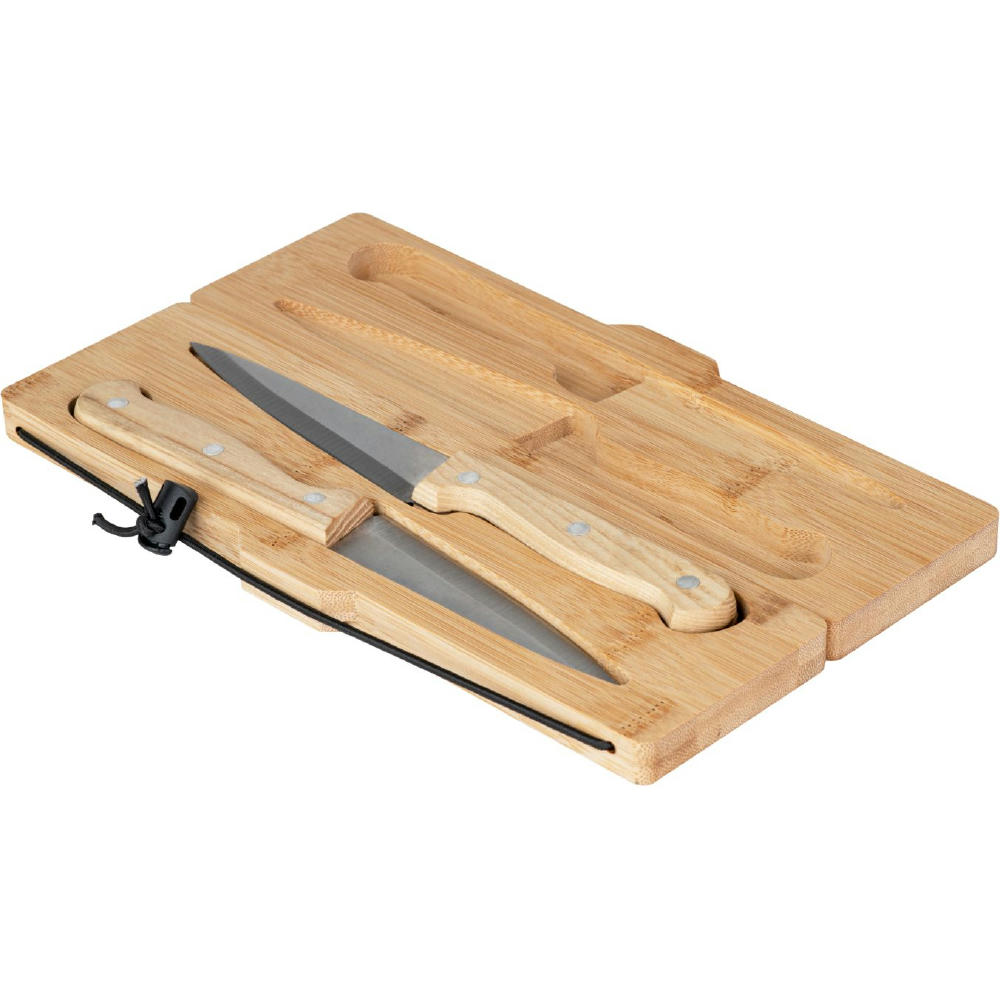 Product image CUT Praktisches Bambus-Schneidebrett mit zwei Messern für unterwegs Werbeartikel