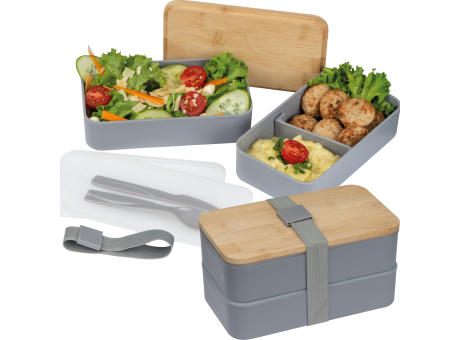 2 stöckige Lunchbox aus Kunststoff und Bambus Werbeartikel