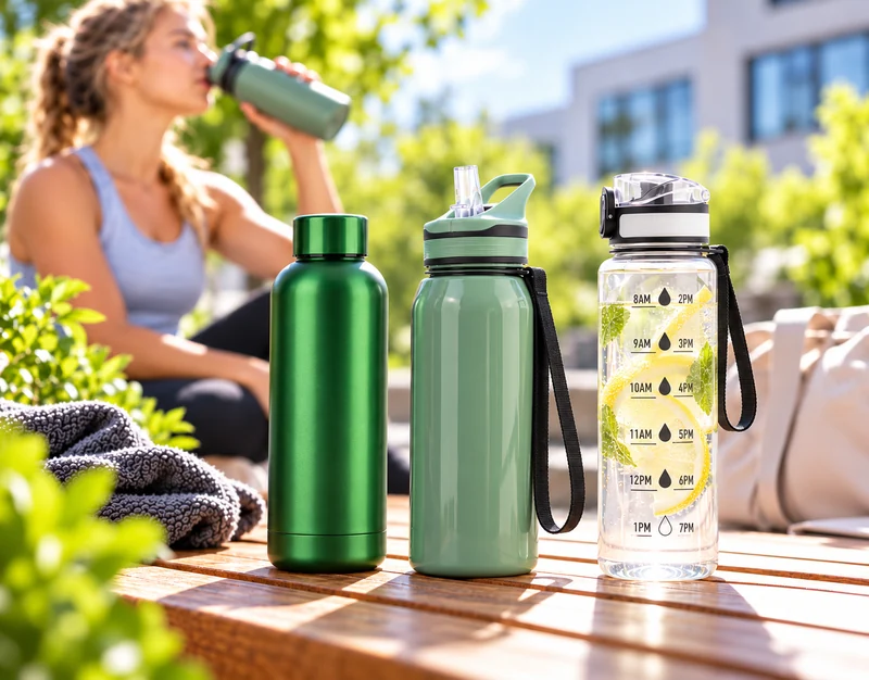 Verschiedene Trinkflaschen als Werbeartikel in einer freundlichen Outdoor-Szene