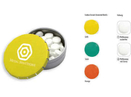Klick-Dose-45 Duo Colour, grün / weiß 12 g, Inhalt: Pfefferminz-Pastillen; Stevia Werbeartikel