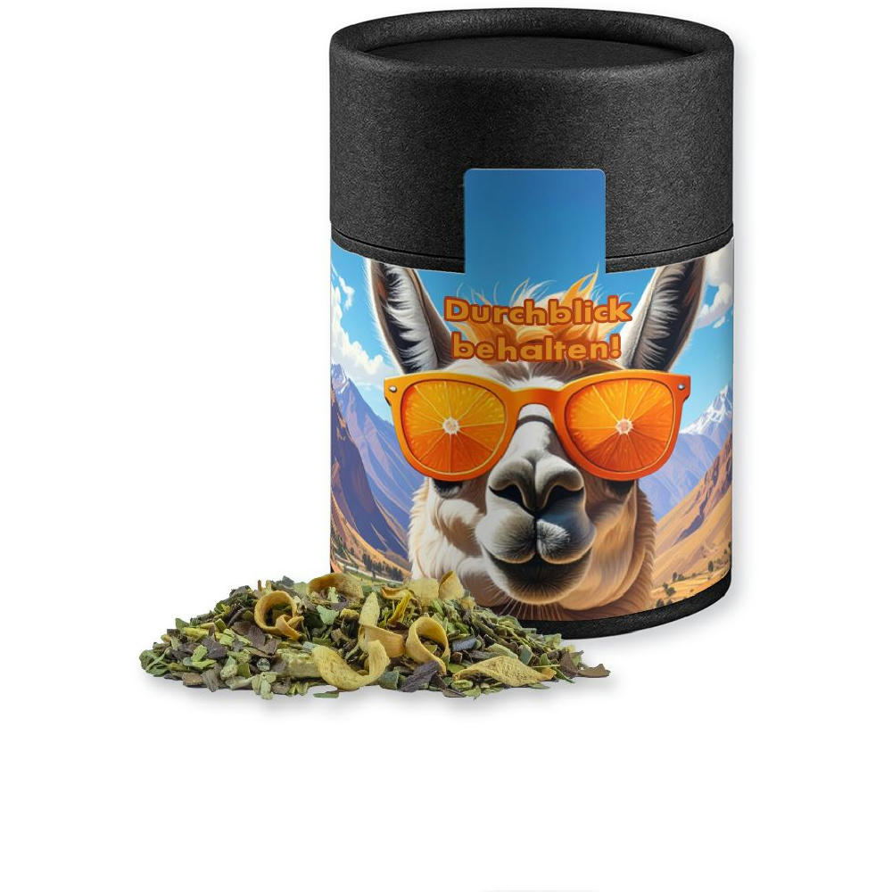 Product image Matetee Orange, ca. 33g, Kraftpapierdose Midi schwarz Werbeartikel