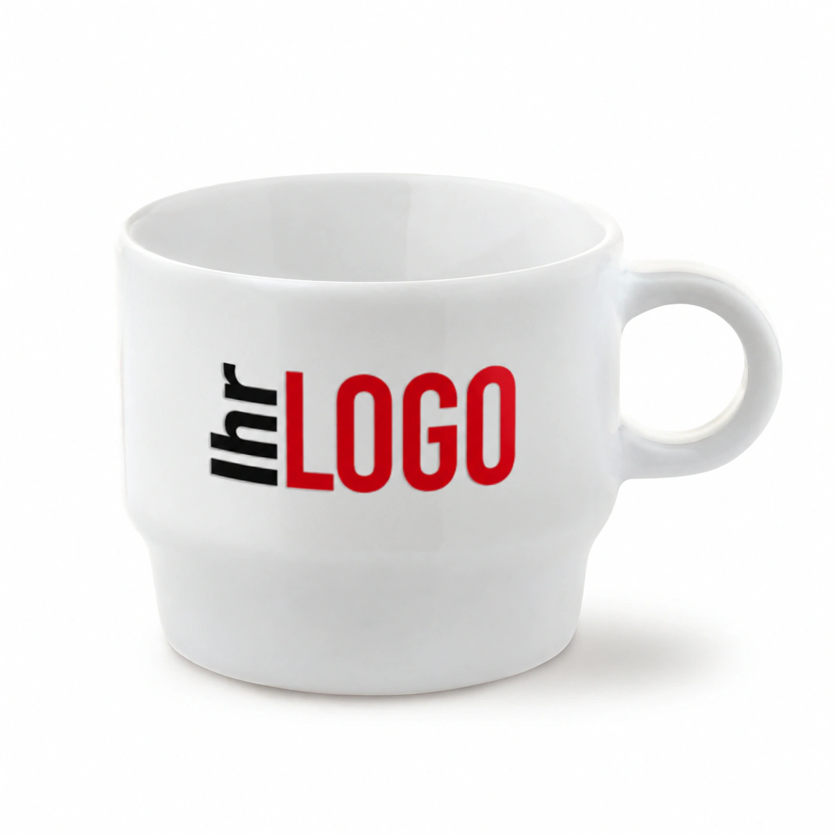 Weiße Tasse Satellite, 180 ml, mit Logo, rundem Henkel und abgesetztem Fuß als Werbetasse vor weißem Hintergrund.