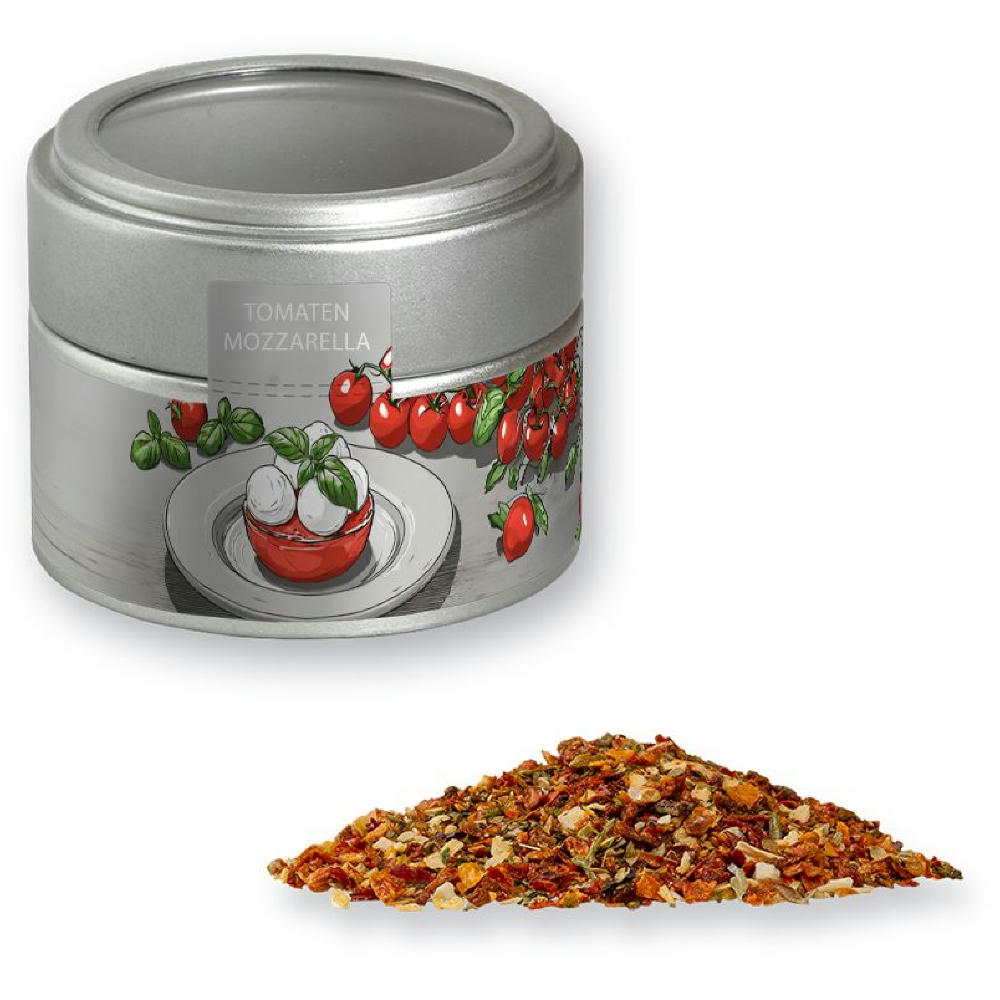 Product image Gewürzmischung Tomate-Mozzarella, ca. 40g, Metalldose Mini mit Sichtfenster silber Werbeartikel