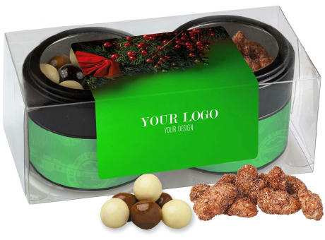 Product image Knusper Weihnachtsset mit feuergebrannten Mandeln und Knusperkugeln im MIx, ca. 105g, Metalldose Mini mit Sichtfenster im 2er Set bedrucken