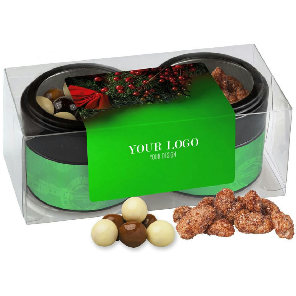 Product image Knusper Weihnachtsset mit feuergebrannten Mandeln und Knusperkugeln im MIx, ca. 105g, Metalldose Mini mit Sichtfenster im 2er Set Werbeartikel