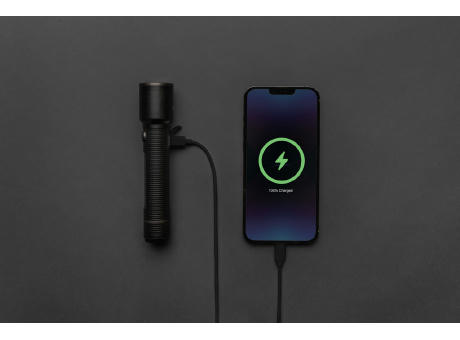 Große Gear X Taschenlampe aus RCS recycelt. Alu mit USB-Akku Werbeartikel