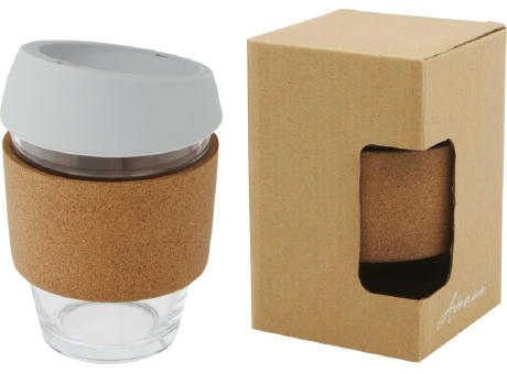 Lidan 360 ml Becher aus Borosilikatglas mit Korkgriff und Silikondeckel Werbeartikel