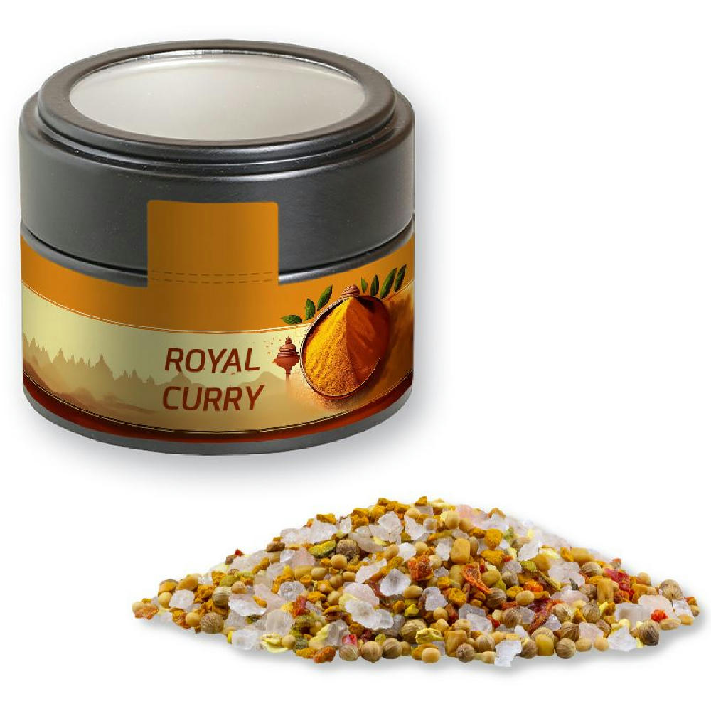 Product image Royal Curry, ca. 75g, Metalldose Mini mit Sichtfenster schwarz Werbeartikel