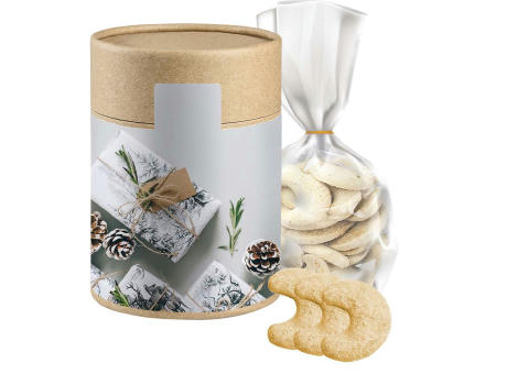 Vanillekipferl, ca. 100g, Beutel in Kraftpapierdose Maxi Werbeartikel