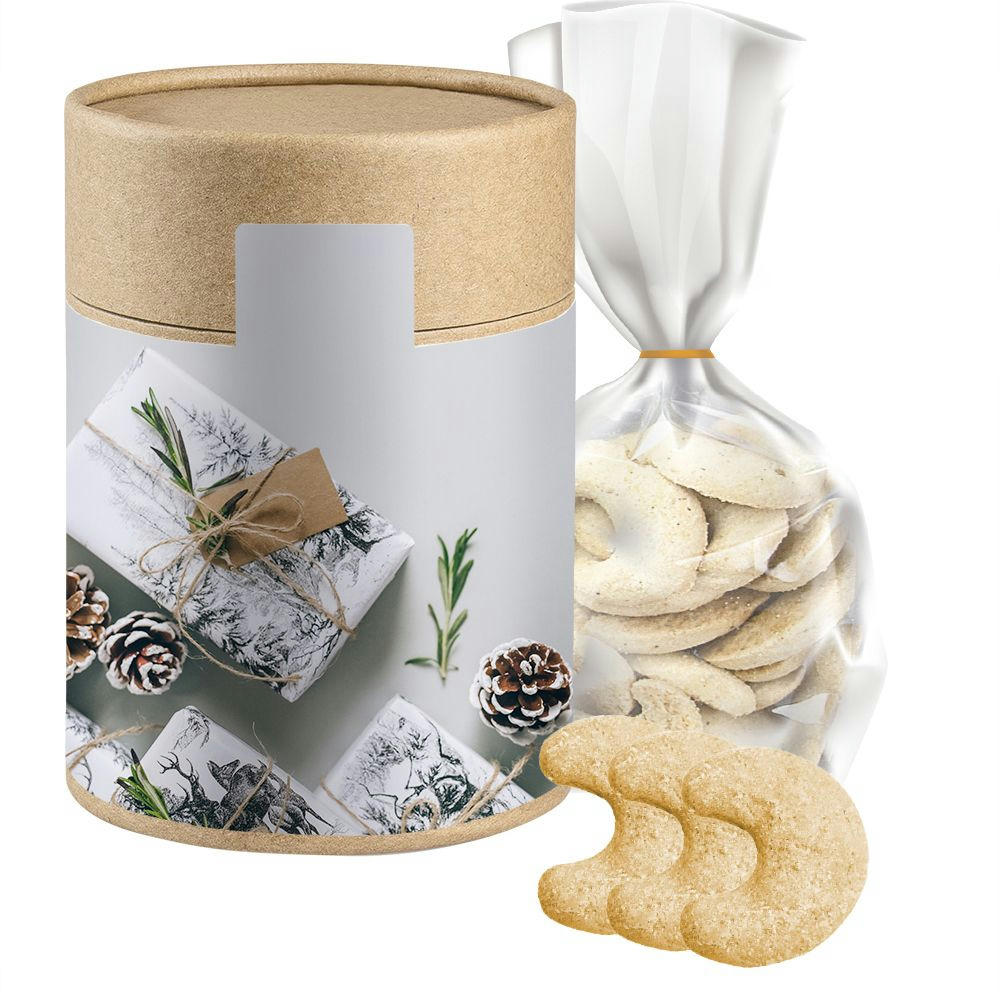 Product image Vanillekipferl, ca. 100g, Beutel in Kraftpapierdose Maxi Werbeartikel