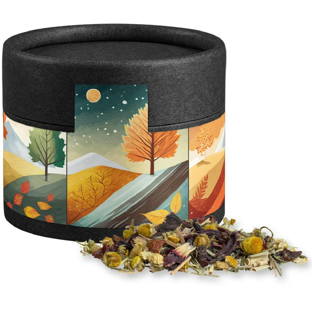 Product image Kräutertee Vierjahreszeiten, ca. 9g, Kraftpapierdose Mini schwarz Werbeartikel