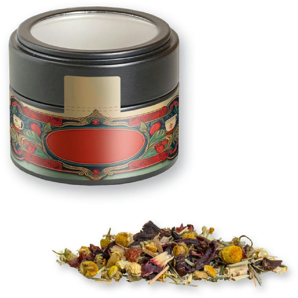 Product image Kräutertee Vierjahreszeiten, ca. 15g, Metalldose Mini mit Sichtfenster schwarz Werbeartikel