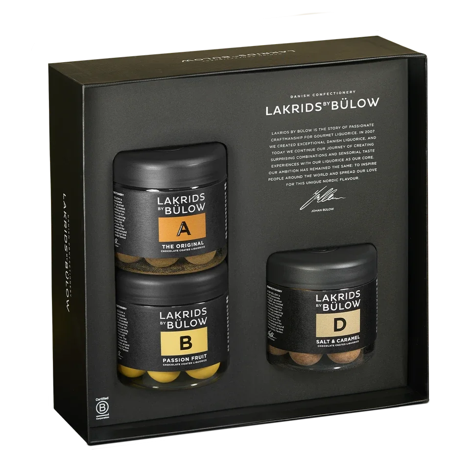 Geschenkbox Black Box A – Produktfoto der schwarzen Geschenkbox mit drei Dosen, freigestellt