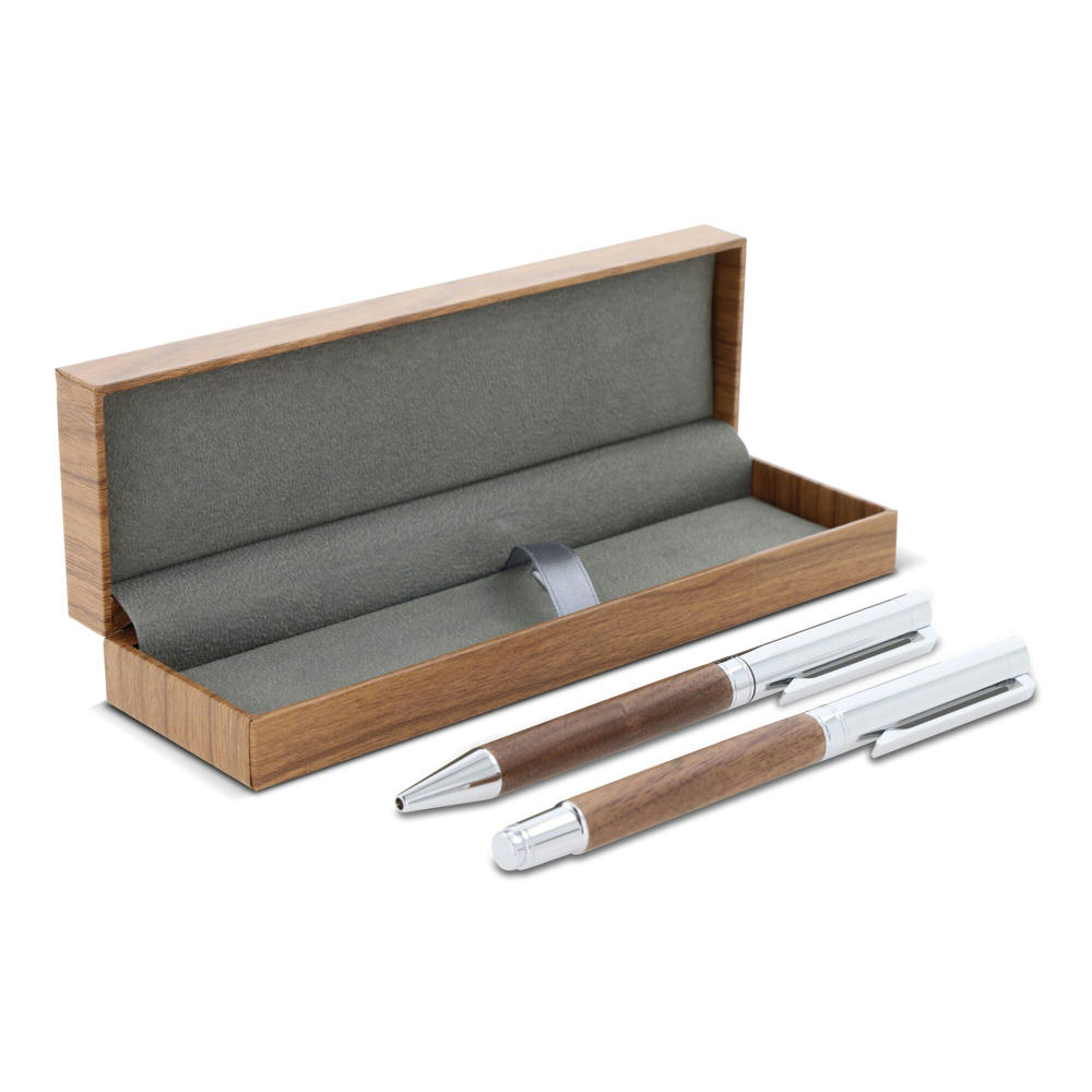 Set Kugelschreiber und Rollerball aus Metall Nussbaumholz in Geschenkbox Werbeartikel