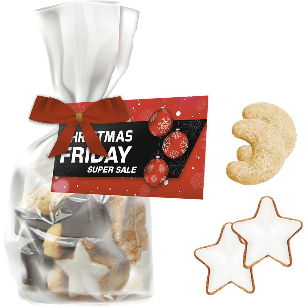 Product image Weihnachtsgebäck Mischung, ca. 115g, Express Standbeutel Midi mit Schleife mit Werbekarte Werbeartikel