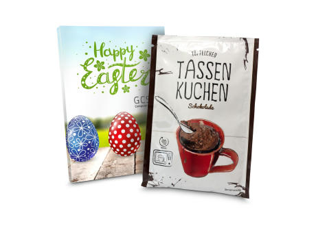 Geschenkartikel / Präsentartikel: Oster Tassenkuchen Schokolade (Backmischung 70 g), auch in individueller Stecktasche Werbeartikel