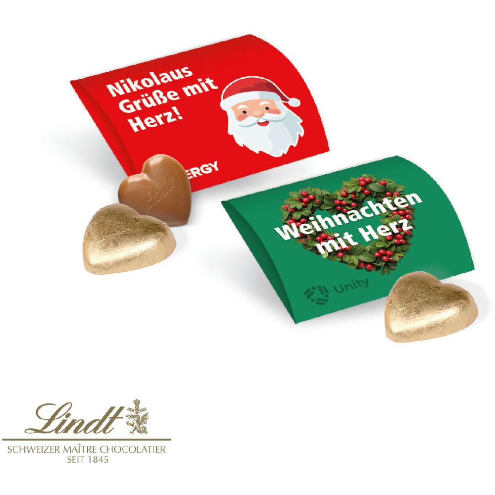 Product image Lindt Herz 5g Vollmilchschokolade im bedruckten Werbebriefchen Xmas Edition als weihnachtlicher Werbeartikel