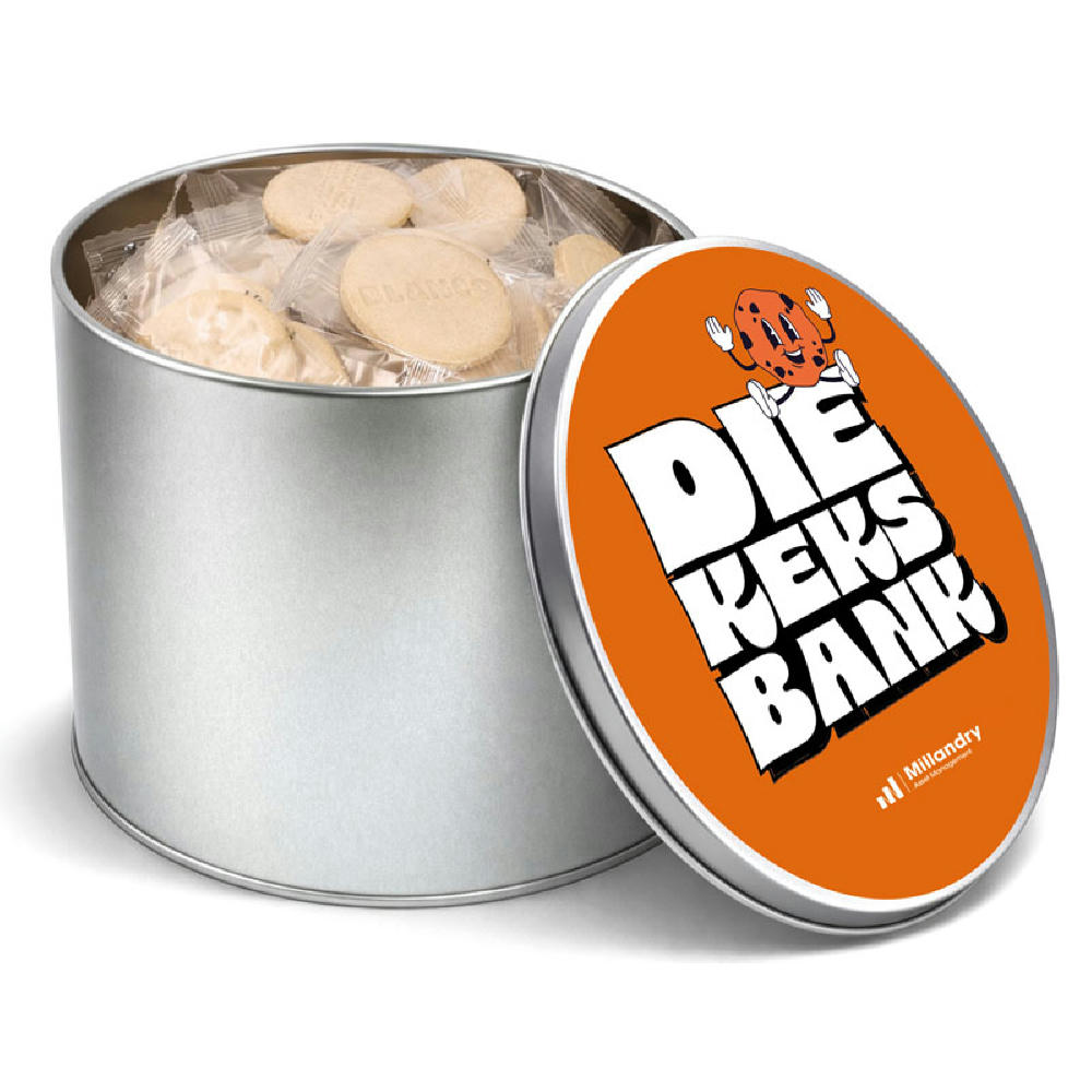 Keksdose rund - Keks geprägt, einzeln verpackt Werbeartikel