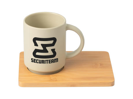 Café Duo - 325 ml Keramiktasse & Bambusbrett-Set Werbeartikel