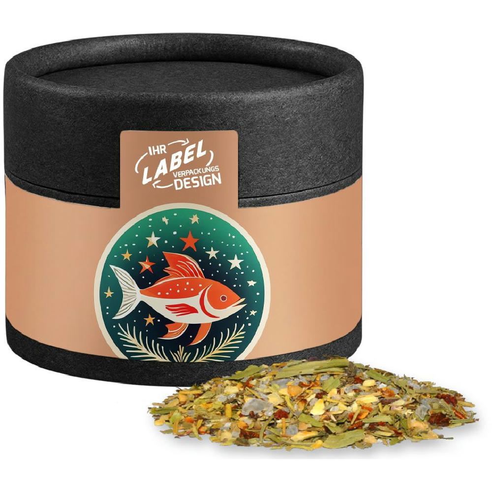 Weihnachts Gewürzmischung Fisch, ca. 30g, Kraftpapierdose Mini schwarz Werbeartikel