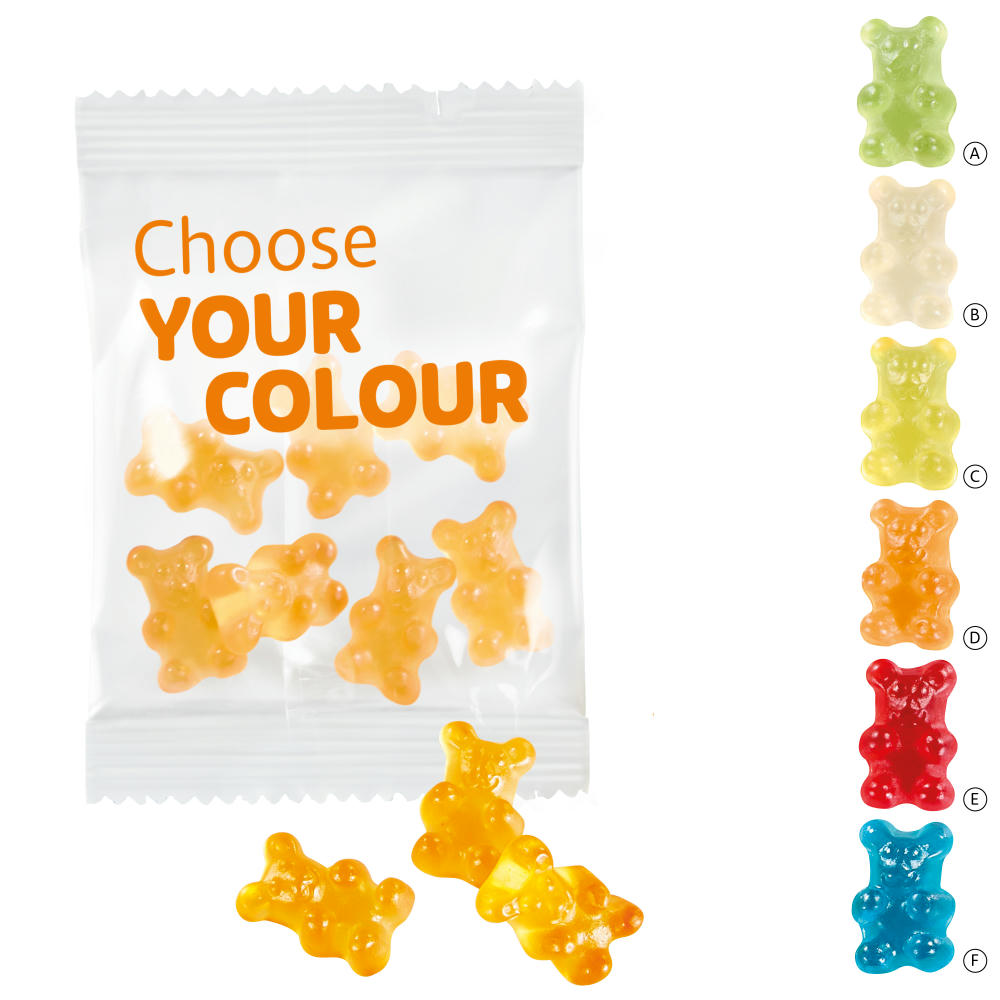 Product image Unifarbene Premium-Bärchen, 10 g im kompostierbaren Tütchen Werbeartikel