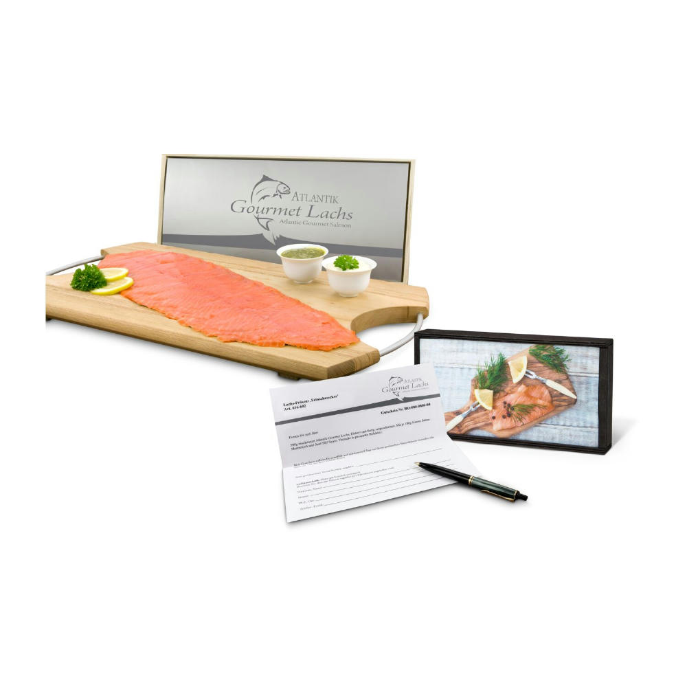 Product image Geschenkartikel / Präsentartikel: Lachs-Gutschein in Holzbox: Feinschmecker Werbeartikel