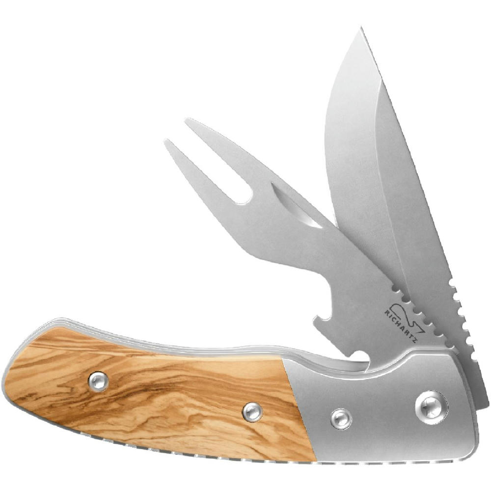 RICHARTZ LEO picknick olive: Picknickmesser mit Klinge, Gabel und Flaschenöffner – Taschenmesser mit Gravur Ihres Logos