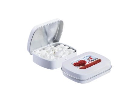 Mini Klappdeckeldose mit Doming mit Minze Werbeartikel