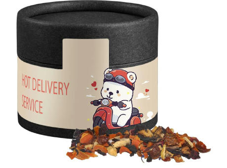 Kaminfeuer Tee, ca. 20g, Kraftpapierdose Mini schwarz Werbeartikel