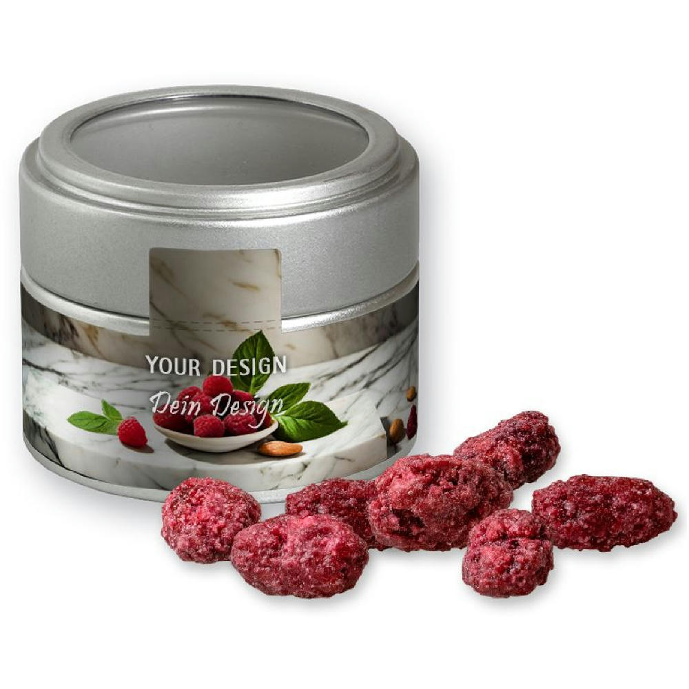 Product image Gebrannte Mandeln Himbeere, ca. 60g, Metalldose Mini mit Sichtfenster silber Werbeartikel