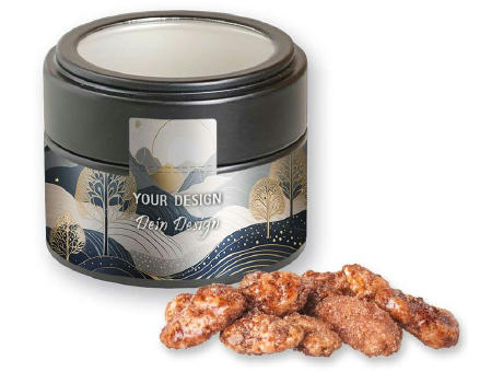 Feuergebrannte Mandeln, ca. 60g, Metalldose Mini mit Sichtfenster schwarz bedrucken