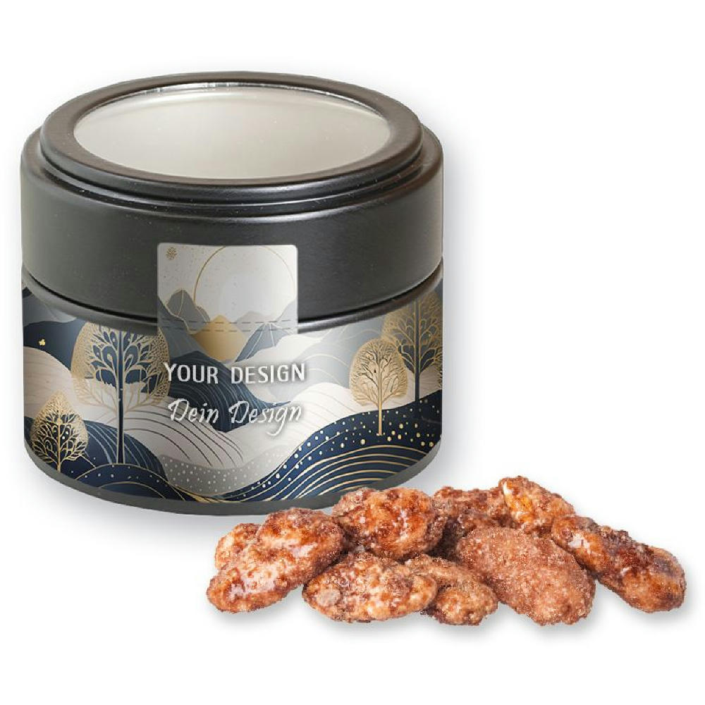Product image Feuergebrannte Mandeln, ca. 60g, Metalldose Mini mit Sichtfenster schwarz Werbeartikel