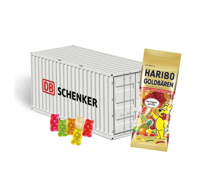 3D-Präsent Container mit HARIBO Goldbären – 75 g, bedruckbar 3D-Präsent Container mit 75 g HARIBO Goldbären und individuell gestalteter Kartonverpackung