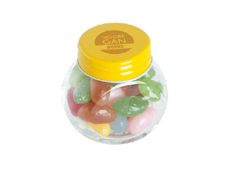 Product image Bonbonglas mini gefüllt mit ca. 40 gr. Jelly Beans mit farbigem Deckel Werbeartikel