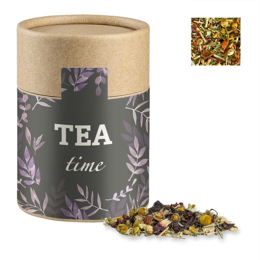 Product image Kräutertee Vierjahreszeiten, ca. 25g, Kraftpapierdose Midi Werbeartikel